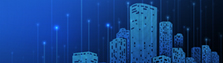 Graphic of blue city buildings